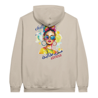 Vibrant 'Chill, No Stress' Pop Art Arabic Hoodie in Sand, Arabic graphic design by Cairo NYC