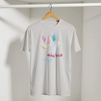 Pastel Feathers Arabic Tee in Ice Grey, Arabic graphic design by Cairo NYC