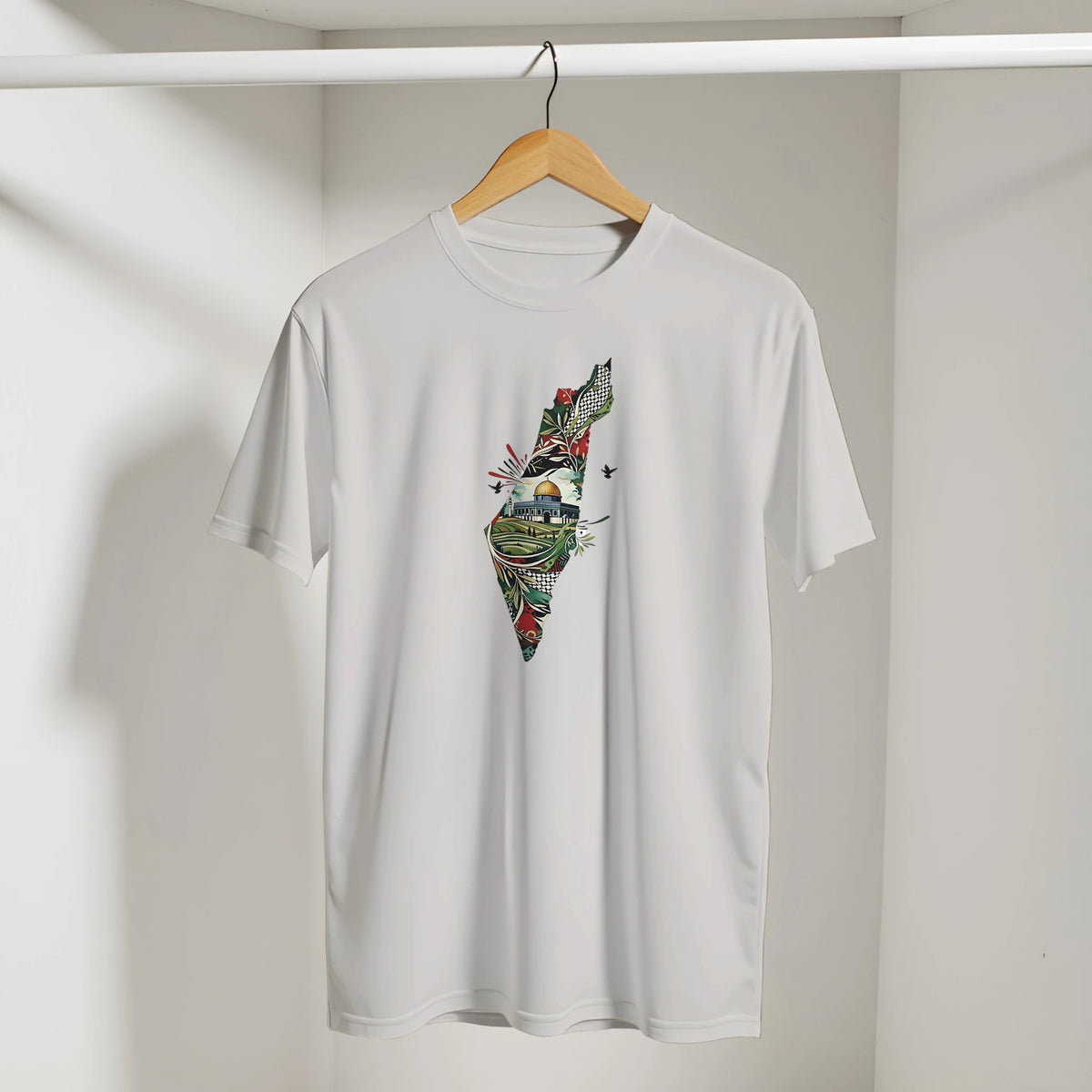 Palestine Dome Olive Branches Keffiyeh Tee in Ice Grey, Arabic graphic design by Cairo NYC