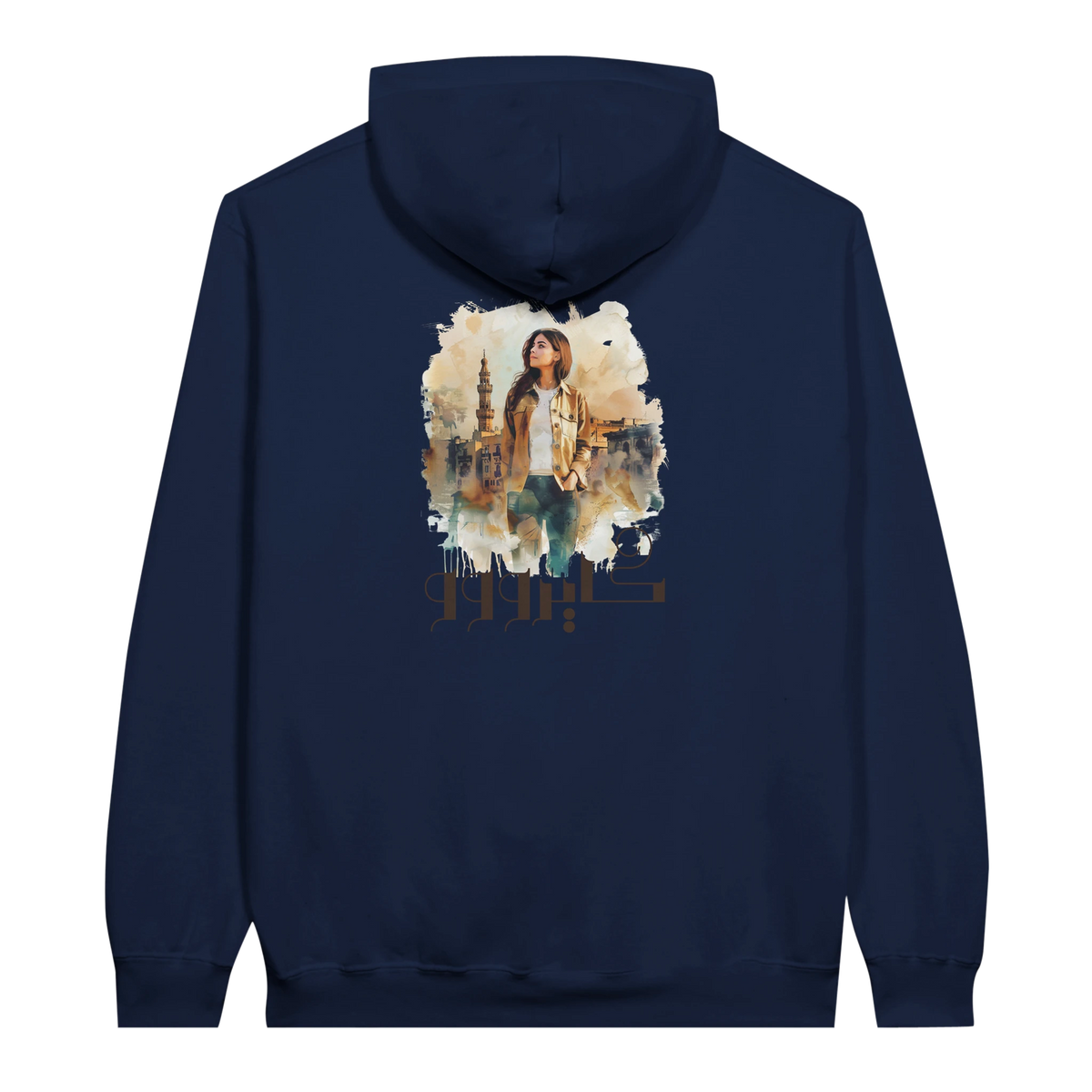 Modern Cairo Urban Mystique Hoodie in Watercolor Hues in Navy, Arabic graphic design by Cairo NYC