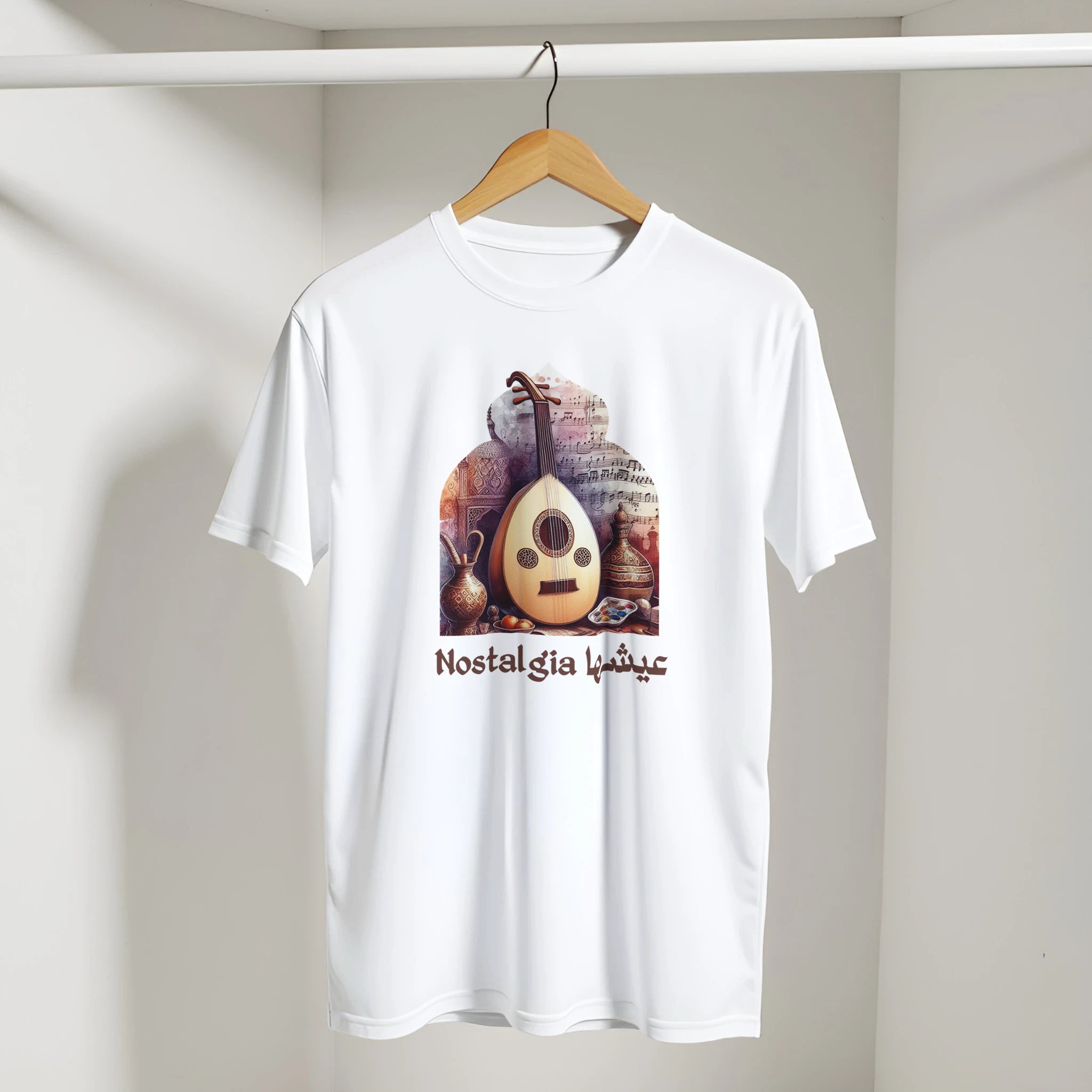 Arabic Oud Nostalgia Retro Tee in White, Arabic graphic design by Cairo NYC