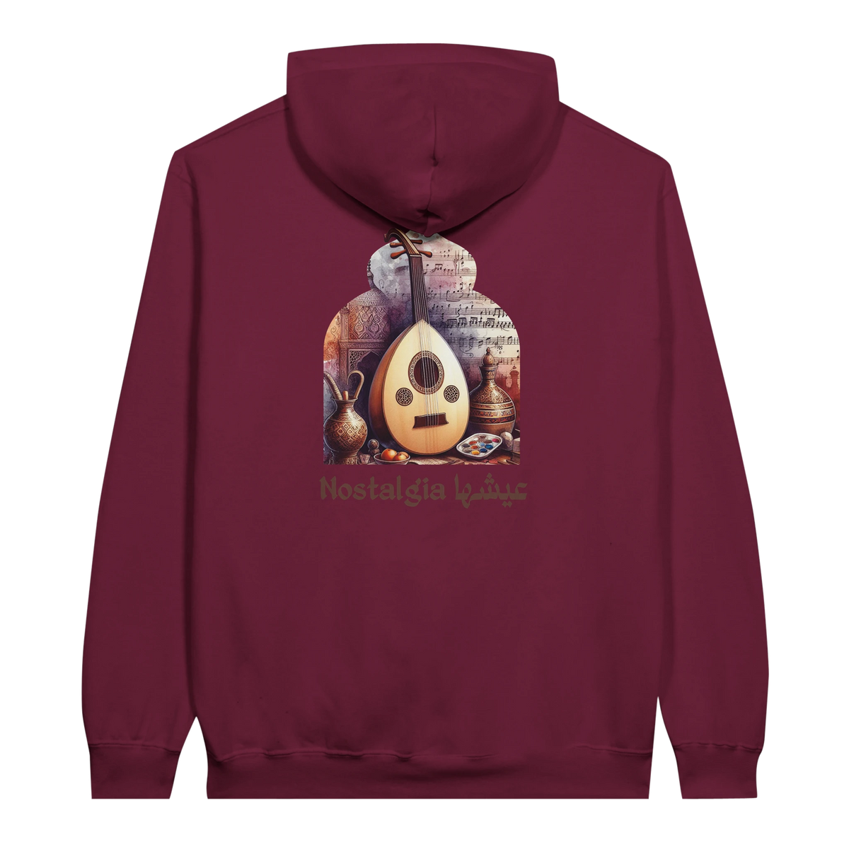 Nostalgic Oud Serenade Hoodie in Maroon, Arabic graphic design by Cairo NYC