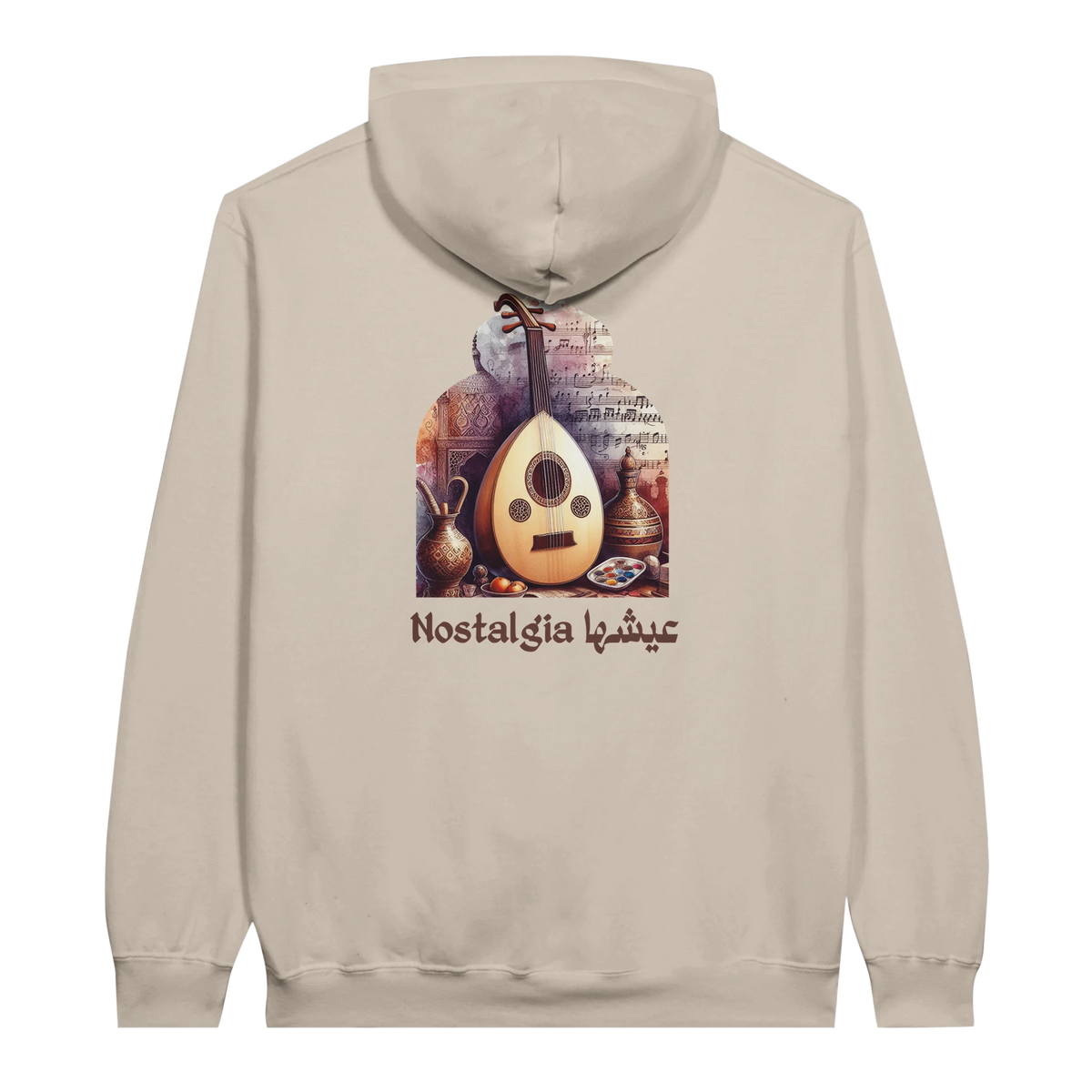 Nostalgic Oud Serenade Hoodie in Sand, Arabic graphic design by Cairo NYC