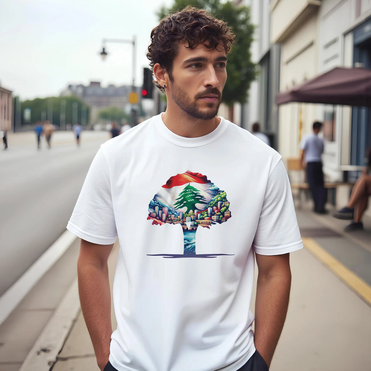 Lebanese Cedar Cityscape Tee, Arabic graphic design by Cairo NYC (view 10)