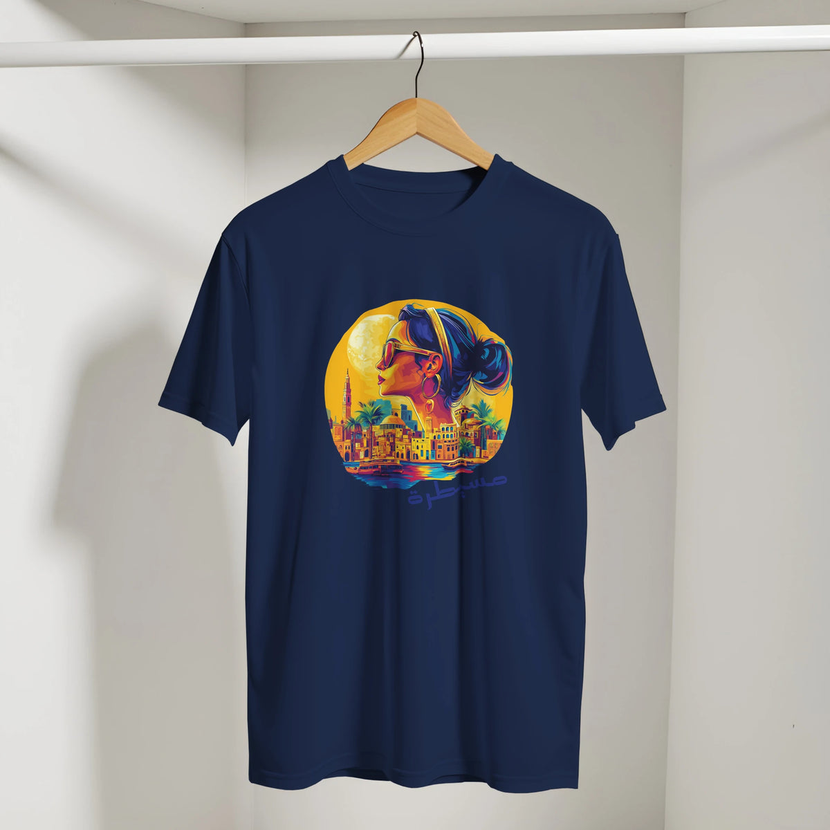 Egyptian Sunset Diva Cityscape Tee in Navy, Arabic graphic design by Cairo NYC