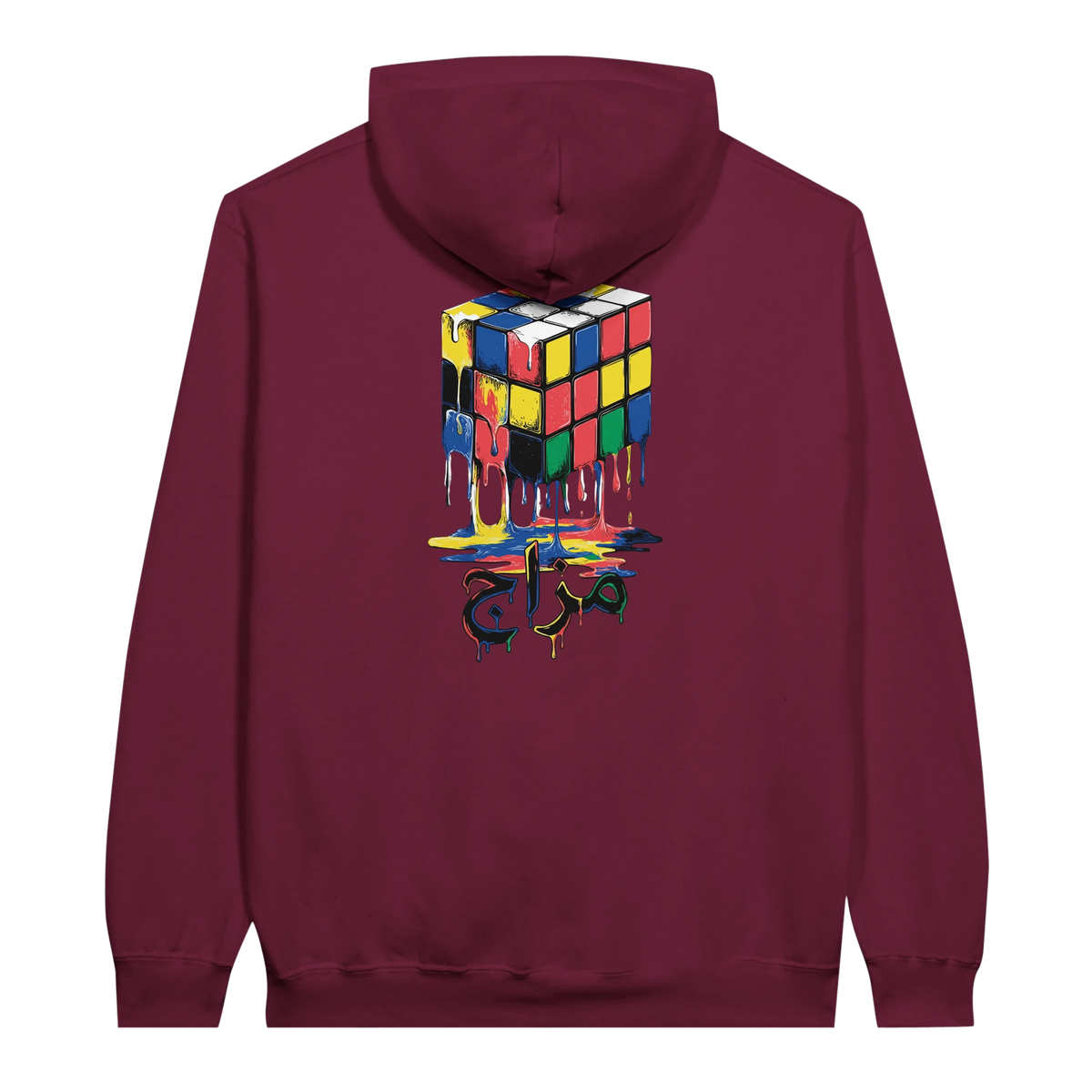 Melting Rubik's Cube Art Hoodie in Maroon, Arabic graphic design by Cairo NYC