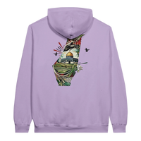 Vibrant Palestine Heritage Hoodie in Orchid, Arabic graphic design by Cairo NYC