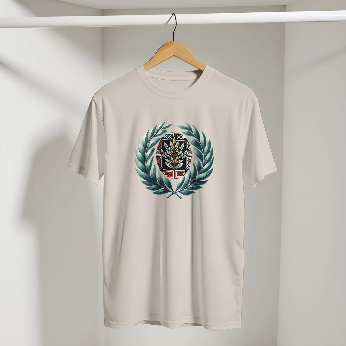 Sunset Geometric Olive Branch Arabic Tee in Sand, Arabic graphic design by Cairo NYC