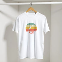 Eshta Retro Sunset Basketball Tee in White, Arabic graphic design by Cairo NYC