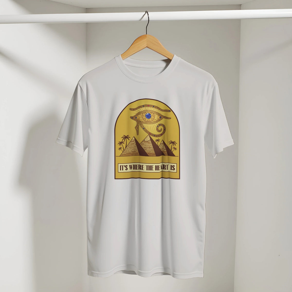 Eye of Horus Egypt Pyramids Sunset Arabic Tee in Ice Grey, Arabic graphic design by Cairo NYC