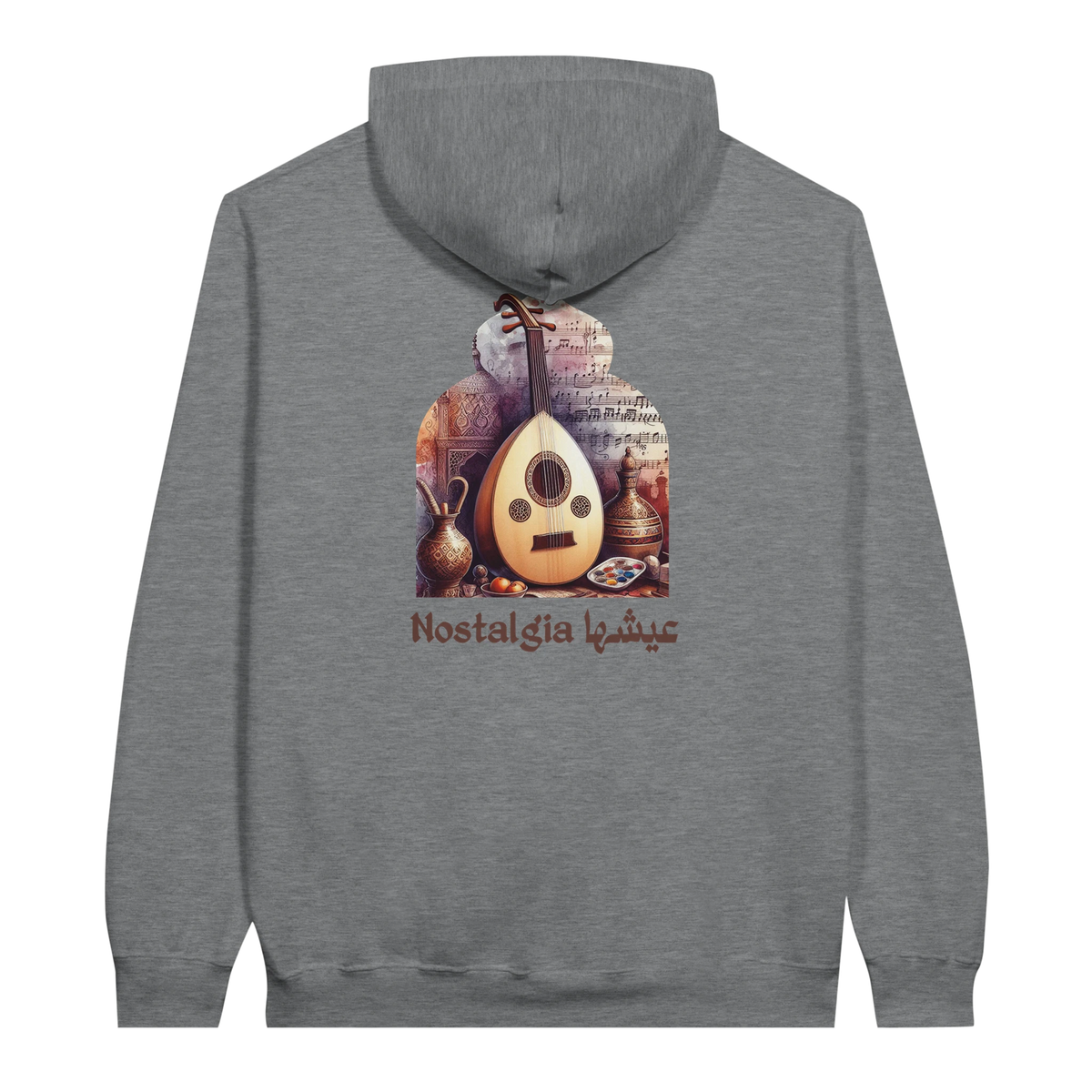 Nostalgic Oud Serenade Hoodie in Sport Grey, Arabic graphic design by Cairo NYC