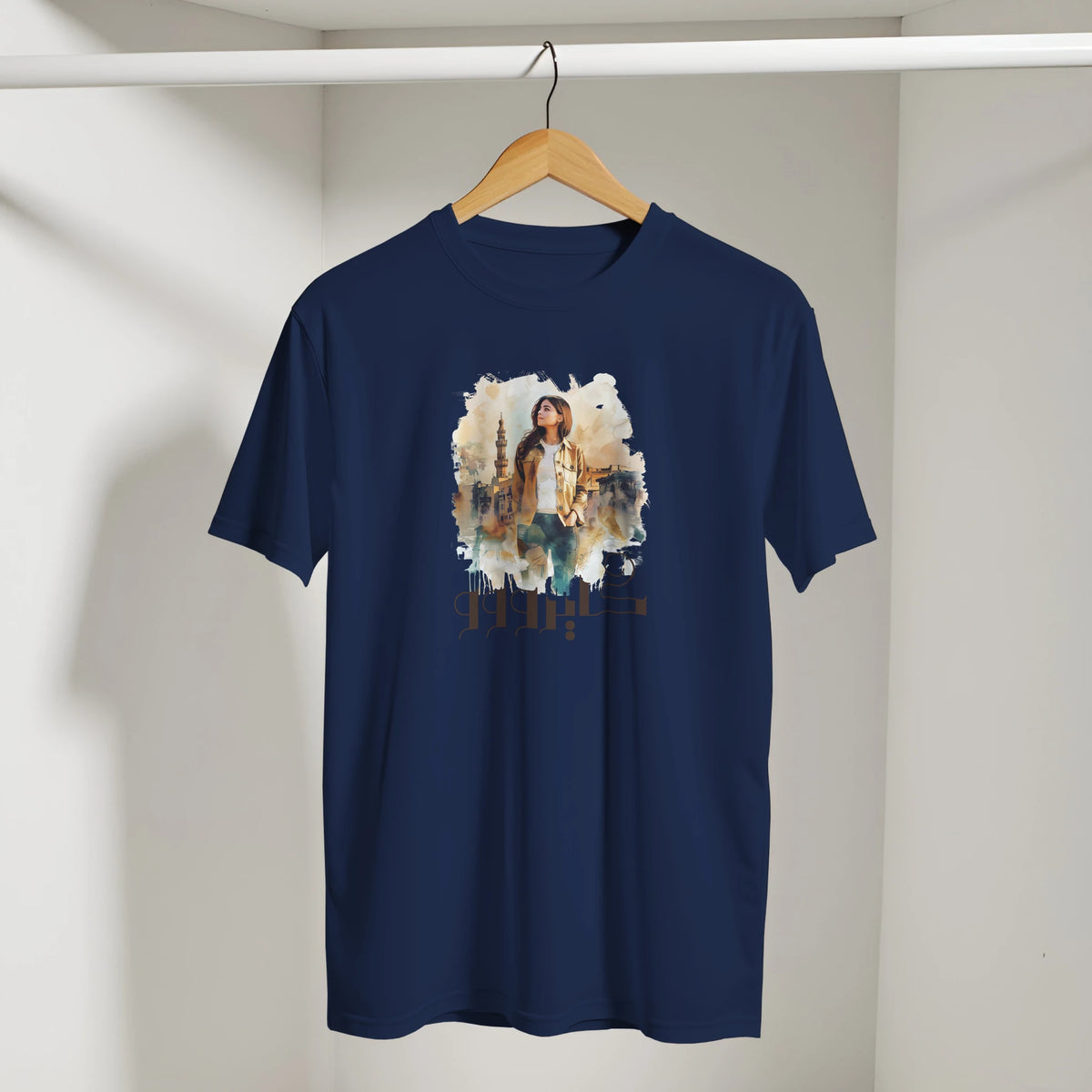 Soulful Cityscape Cairo Tee in Navy, Arabic graphic design by Cairo NYC