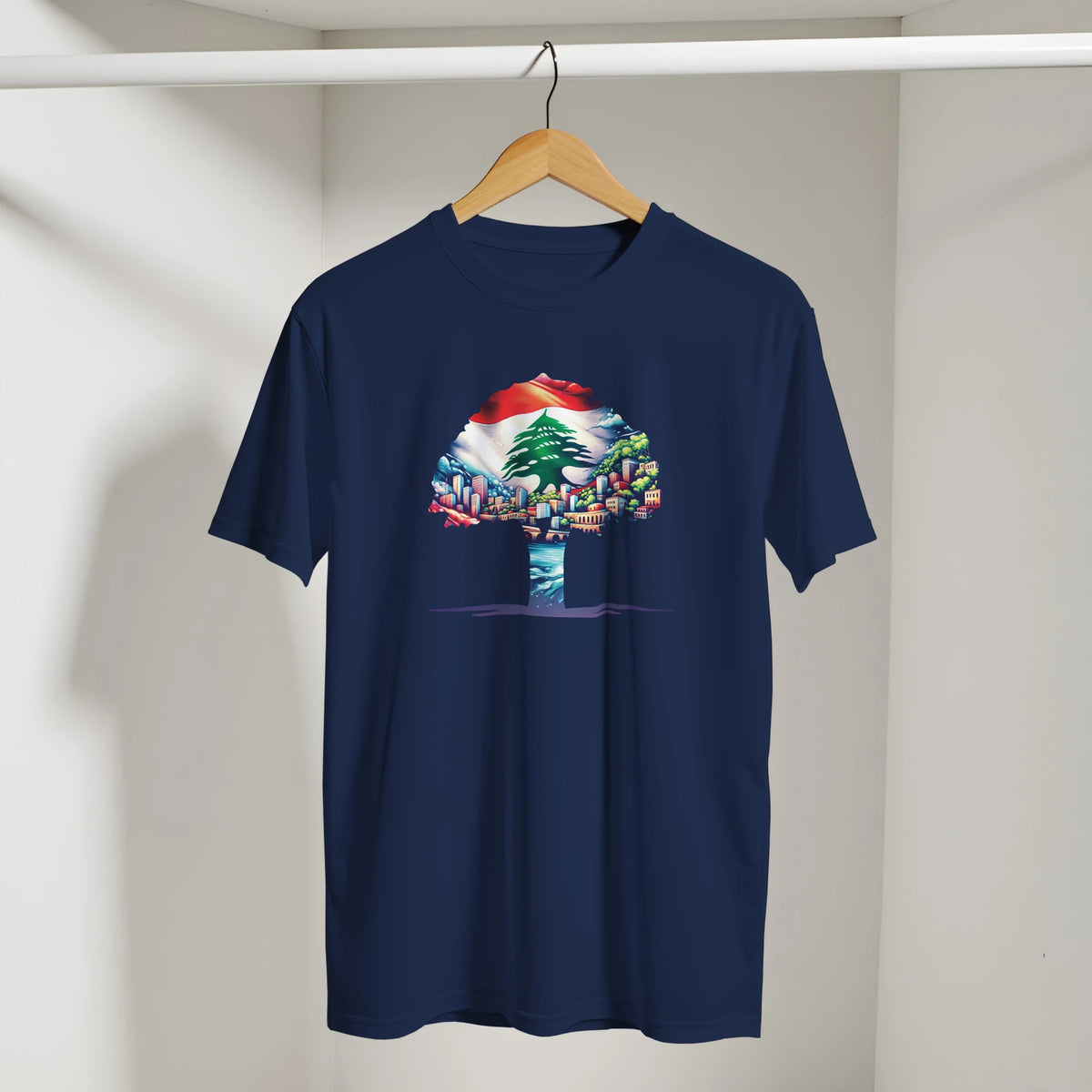 Lebanese Cedar Cityscape Tee in Navy, Arabic graphic design by Cairo NYC