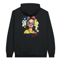 Vibrant 'Chill, No Stress' Pop Art Arabic Hoodie in Black, Arabic graphic design by Cairo NYC