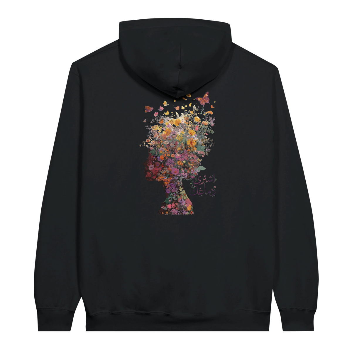Floral Fantasy Head Profile Hoodie in Black, Arabic graphic design by Cairo NYC