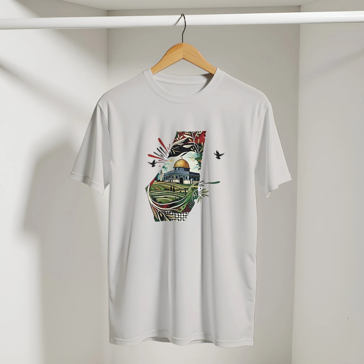 Palestine Dome Olive Branches Keffiyeh Tee, Arabic graphic design by Cairo NYC (view 11)