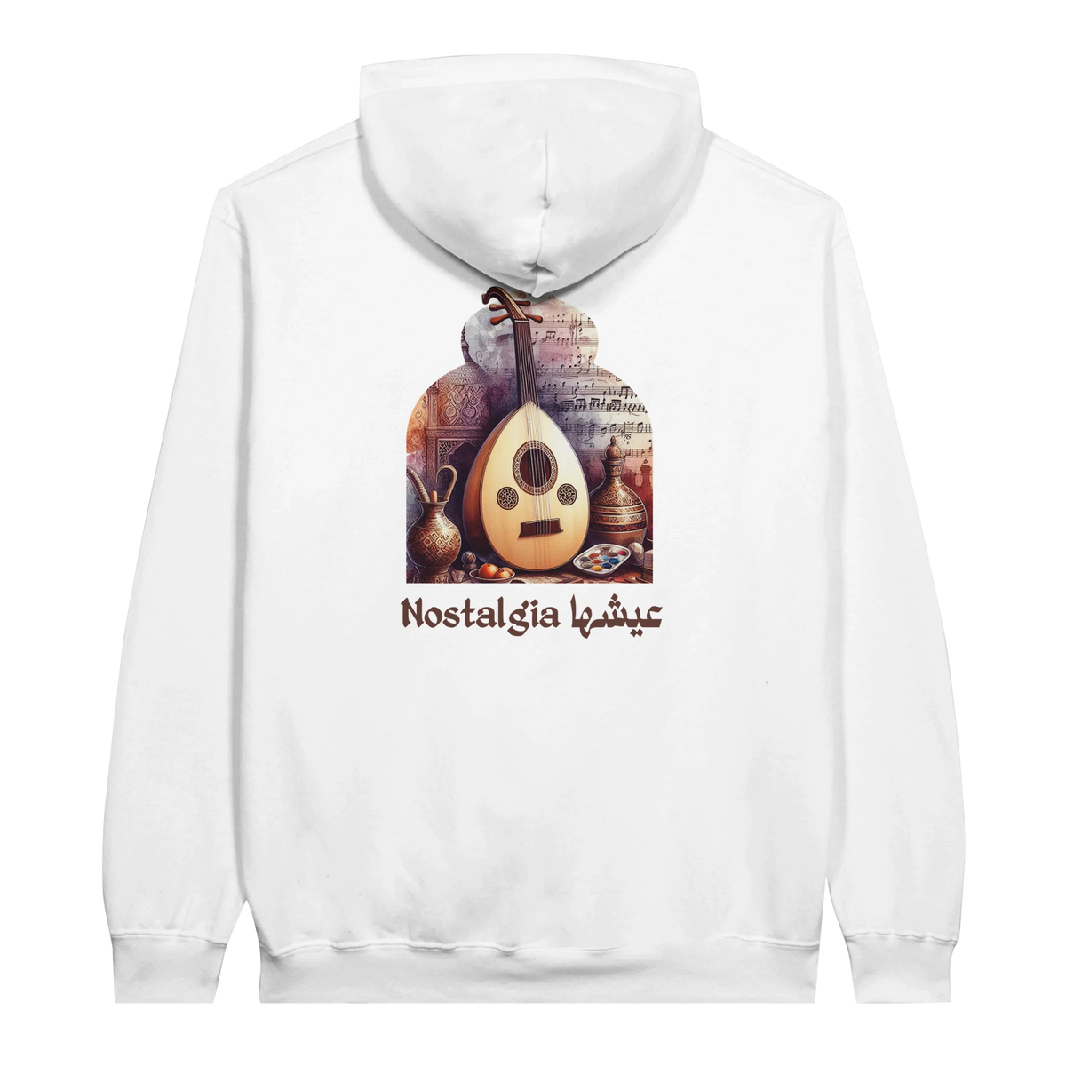 Nostalgic Oud Serenade Hoodie in White, Arabic graphic design by Cairo NYC