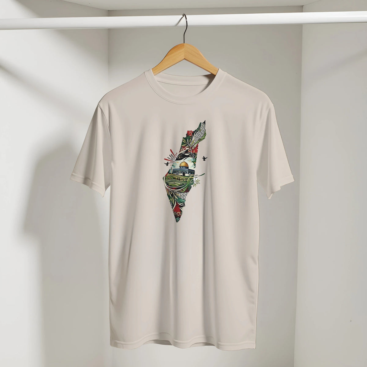 Palestine Dome Olive Branches Keffiyeh Tee in Sand, Arabic graphic design by Cairo NYC