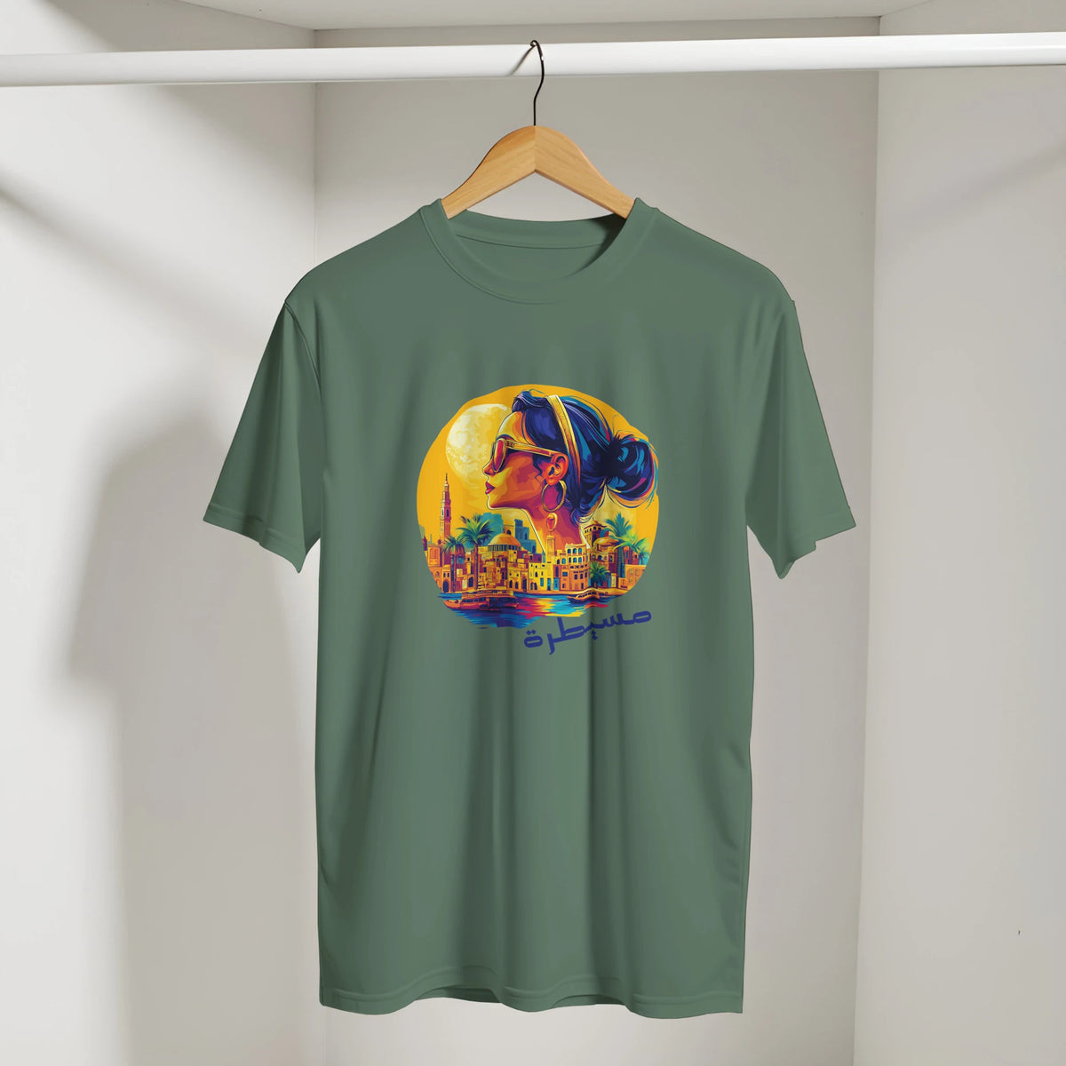 Egyptian Sunset Diva Cityscape Tee in Military Green, Arabic graphic design by Cairo NYC