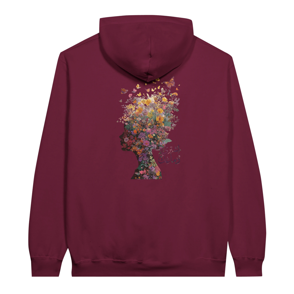Floral Fantasy Head Profile Hoodie in Maroon, Arabic graphic design by Cairo NYC