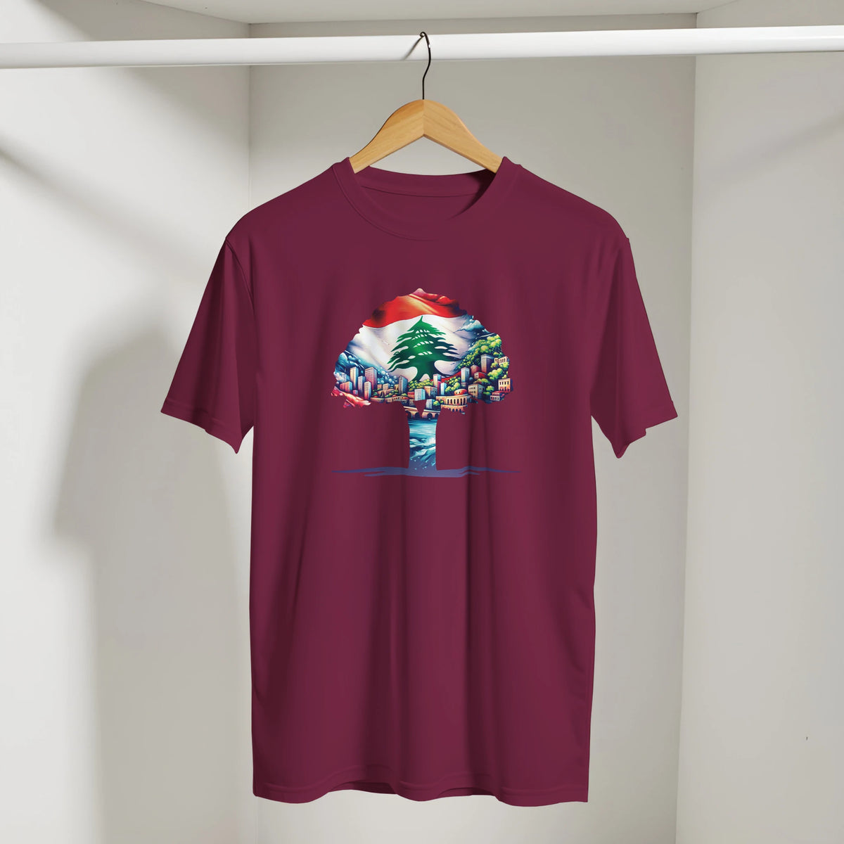 Lebanese Cedar Cityscape Tee in Maroon, Arabic graphic design by Cairo NYC