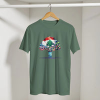 Lebanese Cedar Cityscape Tee in Military Green, Arabic graphic design by Cairo NYC