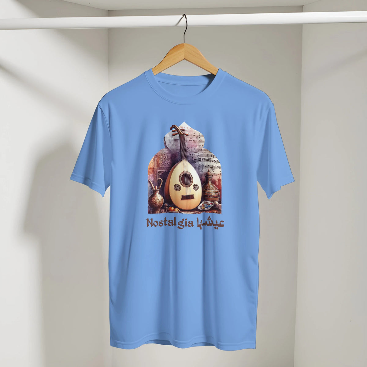 Arabic Oud Nostalgia Retro Tee in Carolina Blue, Arabic graphic design by Cairo NYC