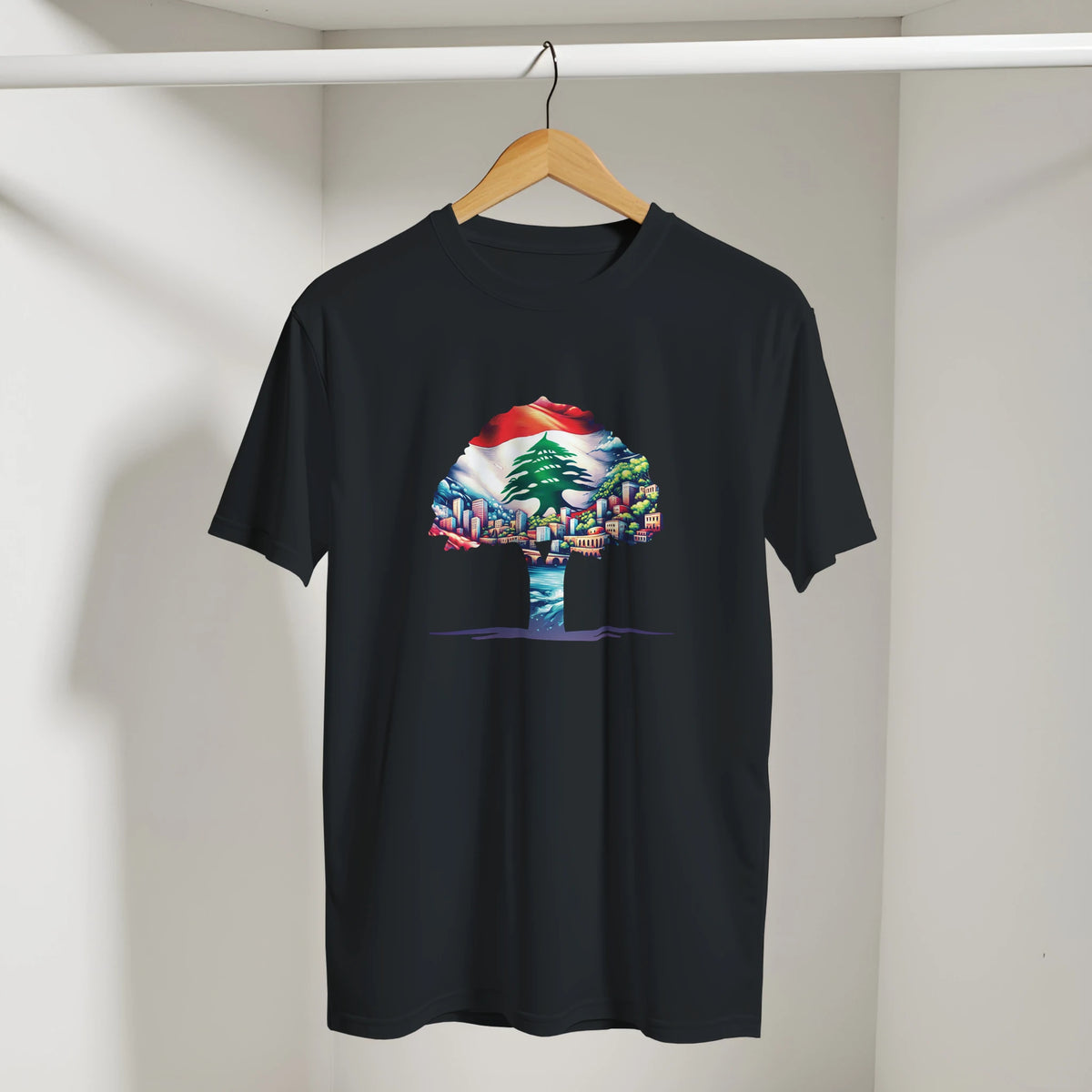 Lebanese Cedar Cityscape Tee in Black, Arabic graphic design by Cairo NYC