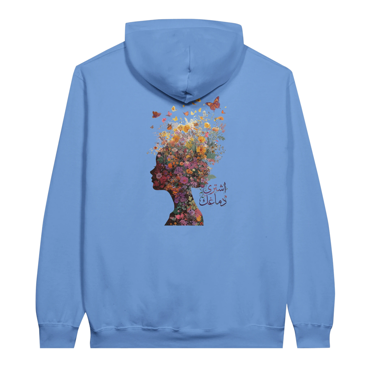 Floral Fantasy Head Profile Hoodie in Carolina Blue, Arabic graphic design by Cairo NYC