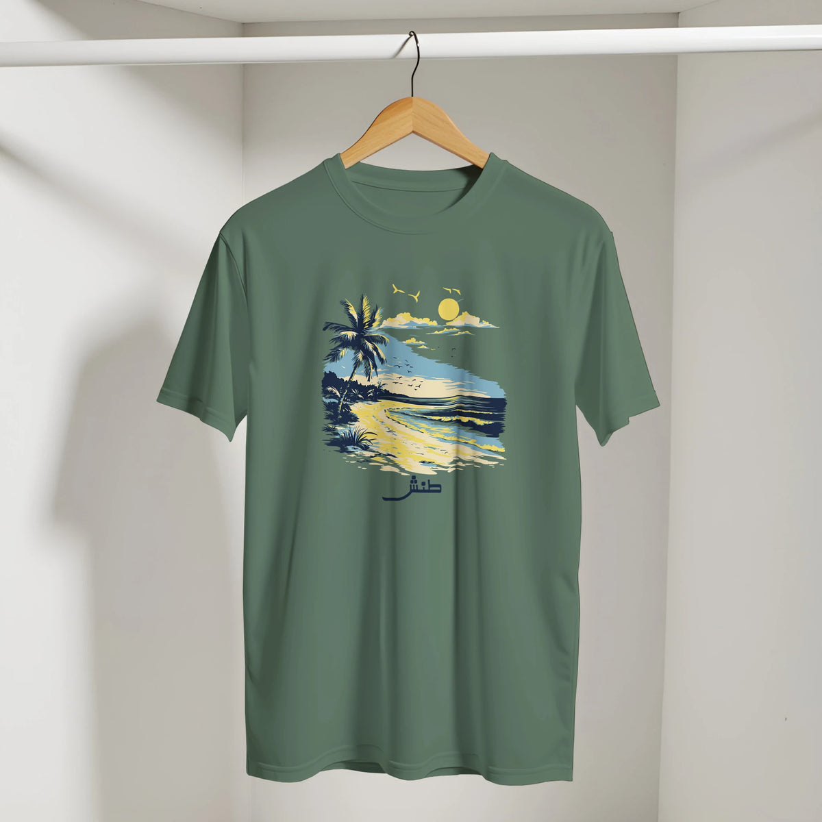 Sunset Beach Arabic Tee in Military Green, Arabic graphic design by Cairo NYC