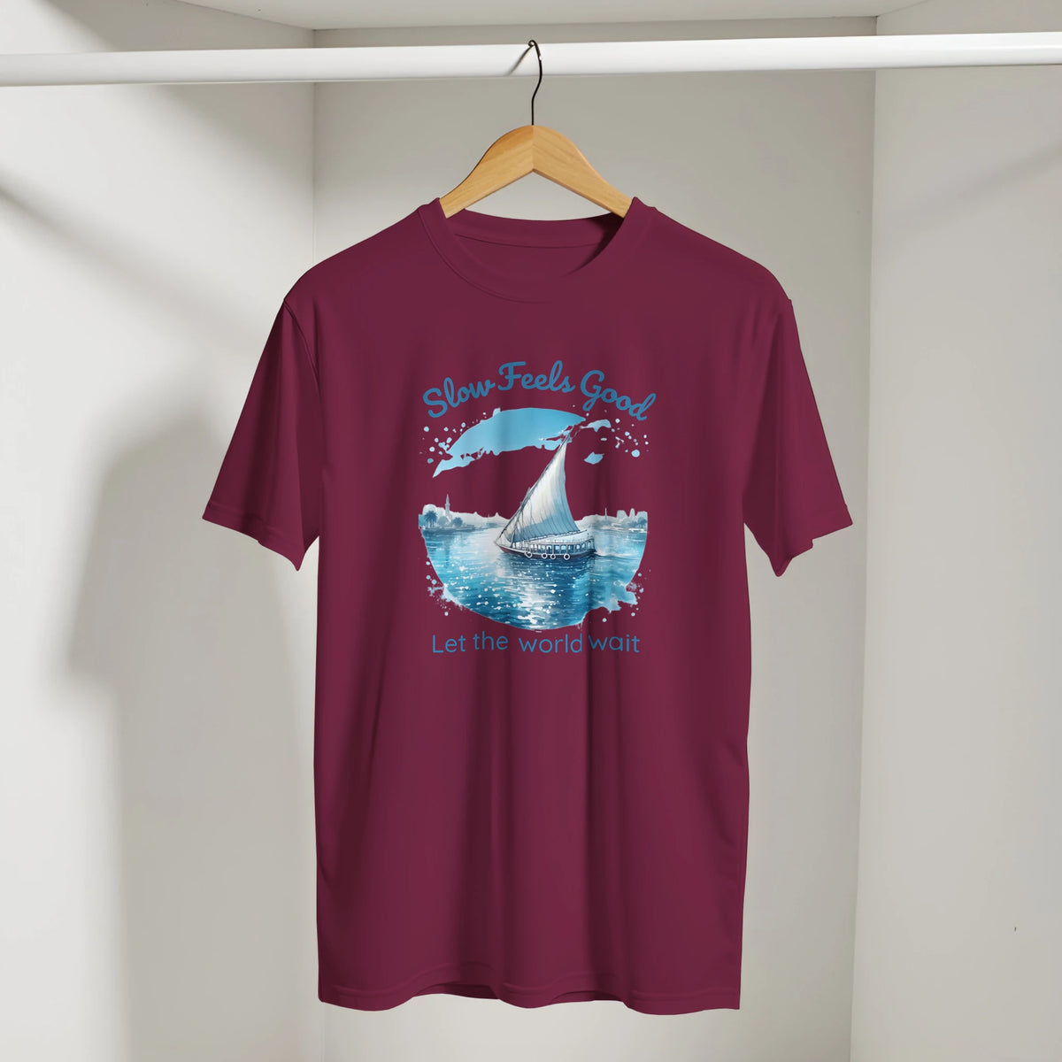 Slow Feels Good Mindfulness Tee in Maroon, Arabic graphic design by Cairo NYC