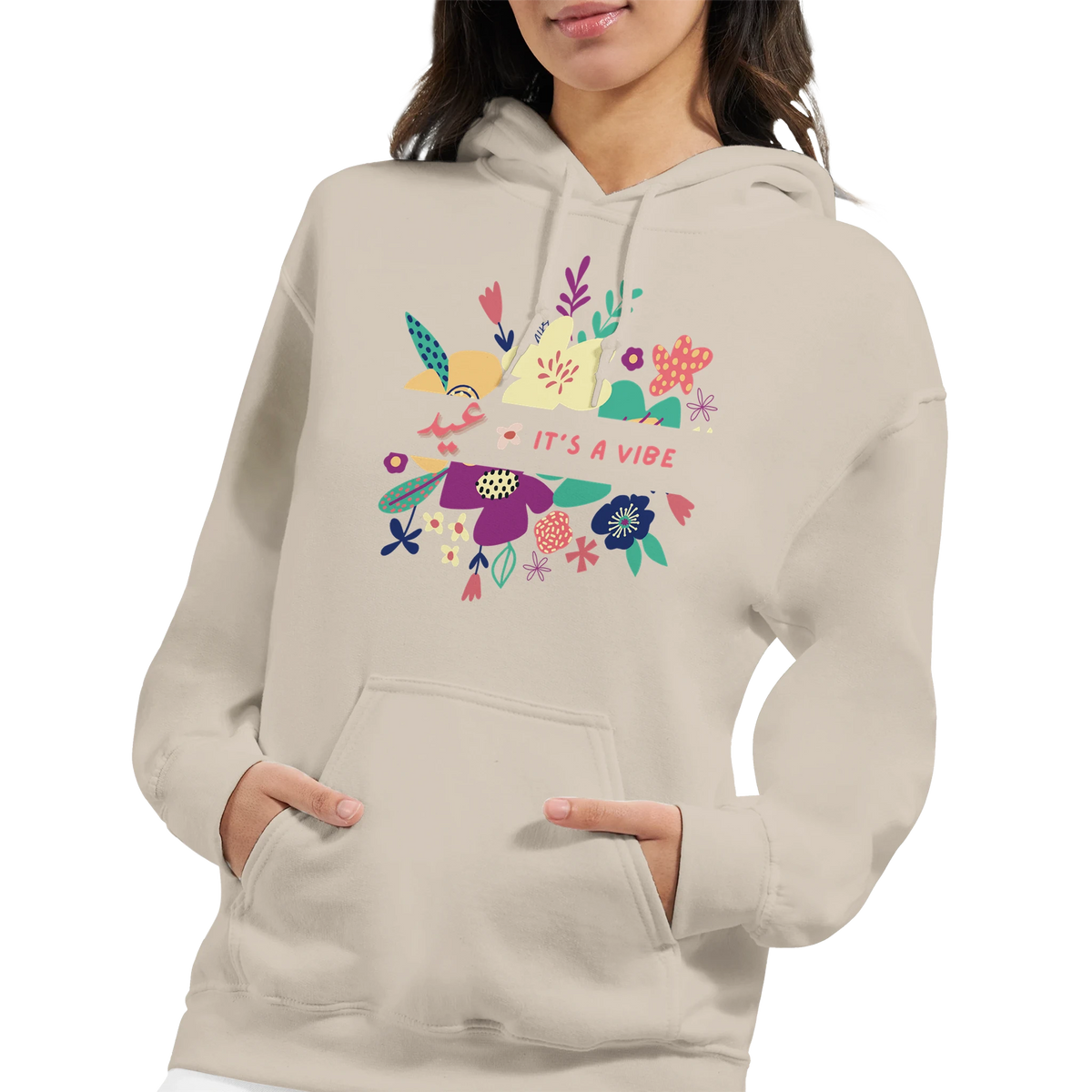It's a Vibe Floral Arabic Hoodie in Sand, Arabic graphic design by Cairo NYC