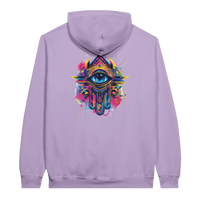 Modern Khamsa Protection Hoodie in Orchid, Arabic graphic design by Cairo NYC