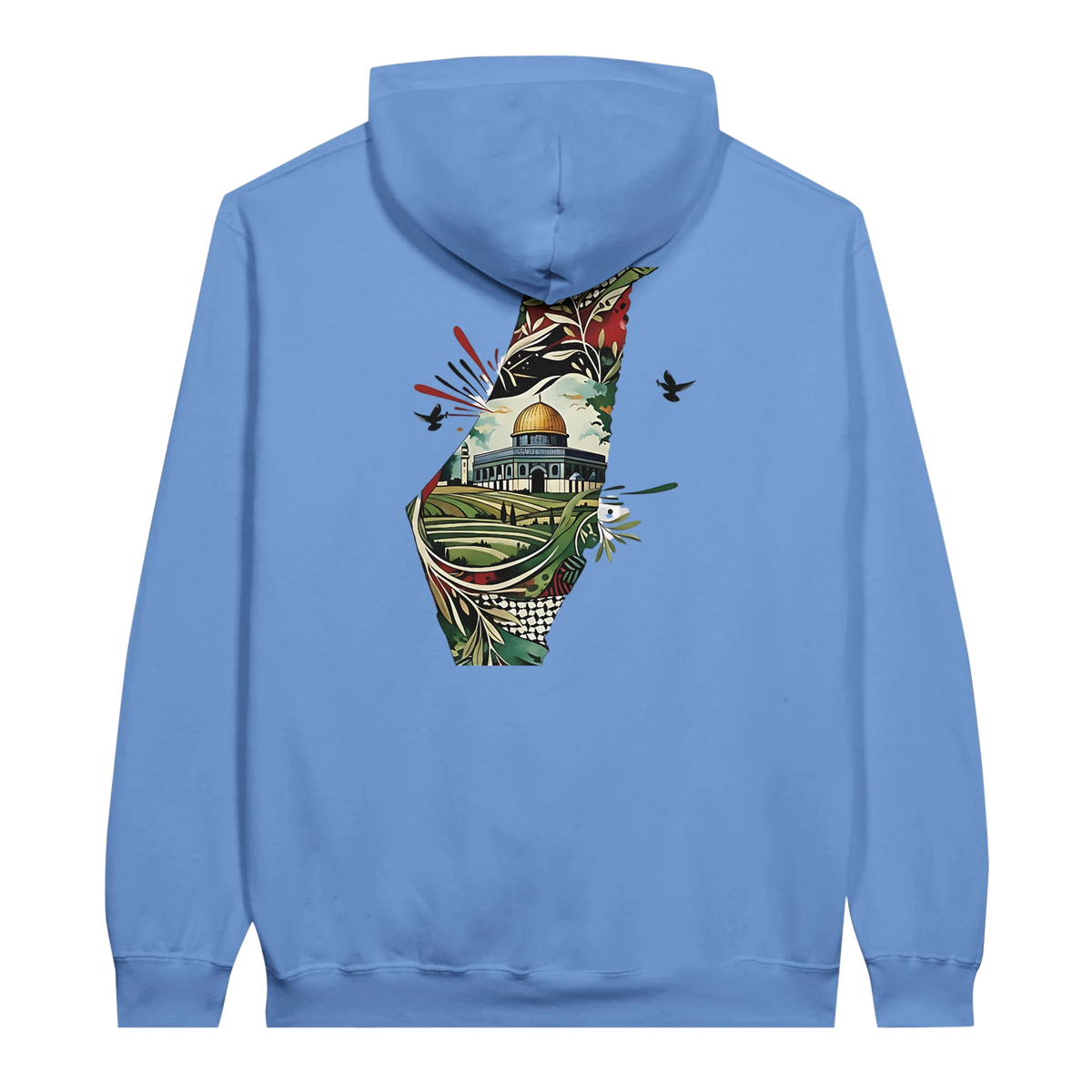 Vibrant Palestine Heritage Hoodie in Carolina Blue, Arabic graphic design by Cairo NYC