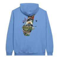 Vibrant Palestine Heritage Hoodie in Carolina Blue, Arabic graphic design by Cairo NYC