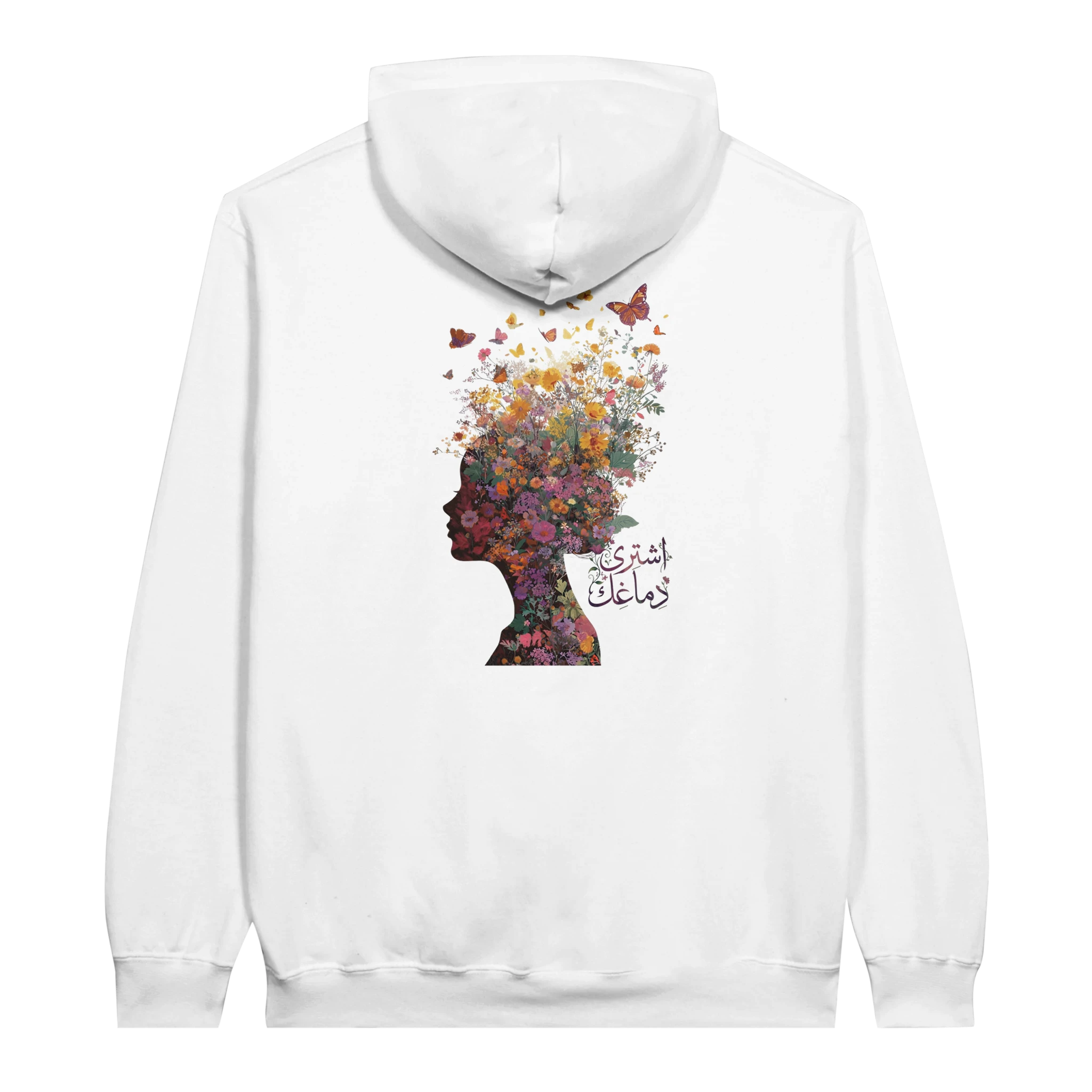 Floral Fantasy Head Profile Hoodie in White, Arabic graphic design by Cairo NYC