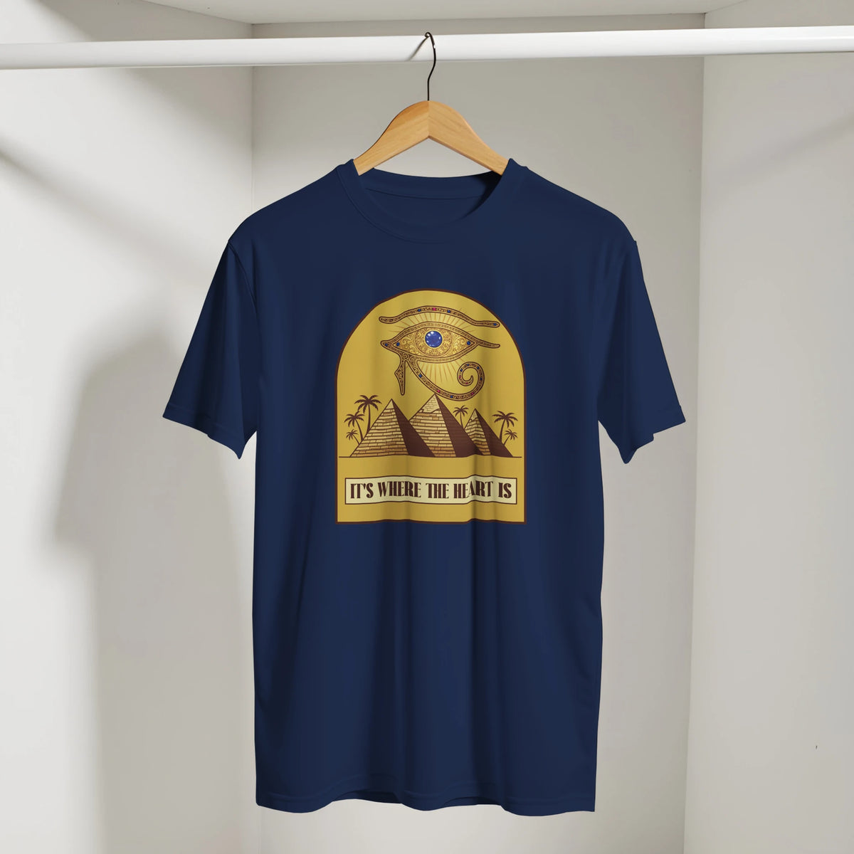 Eye of Horus Egypt Pyramids Sunset Arabic Tee in Navy, Arabic graphic design by Cairo NYC