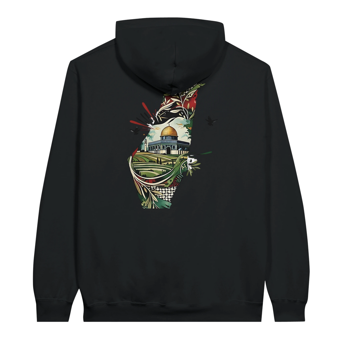 Vibrant Palestine Heritage Hoodie in Black, Arabic graphic design by Cairo NYC
