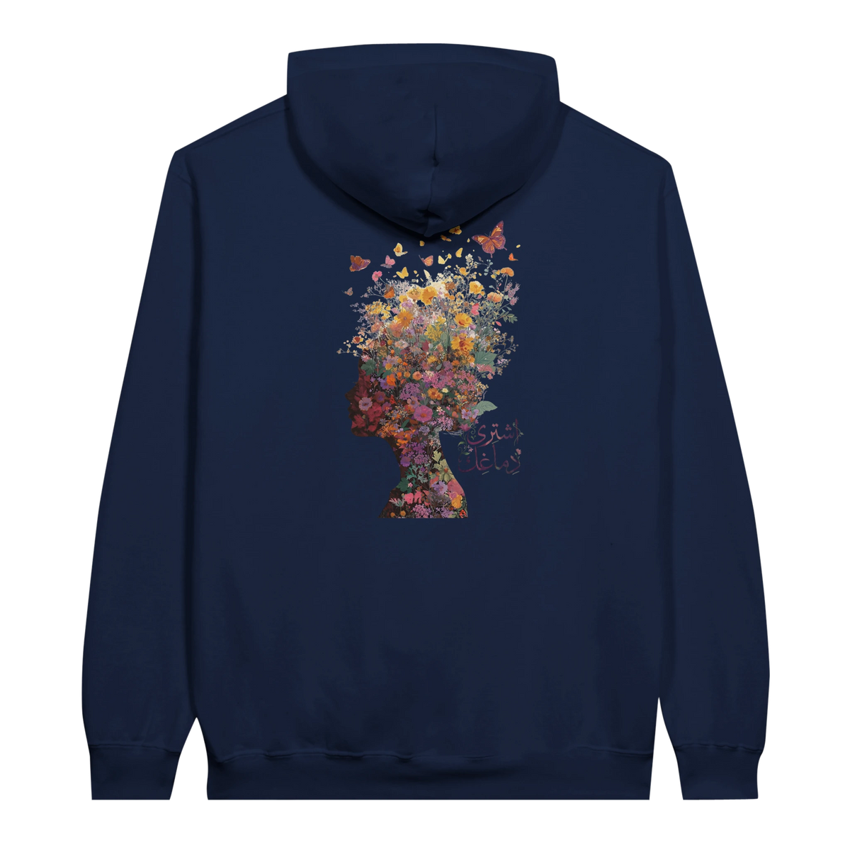 Floral Fantasy Head Profile Hoodie in Navy, Arabic graphic design by Cairo NYC