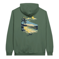 Retro Beach Sunset Hoodie in Military Green, Arabic graphic design by Cairo NYC