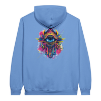 Modern Khamsa Protection Hoodie in Carolina Blue, Arabic graphic design by Cairo NYC