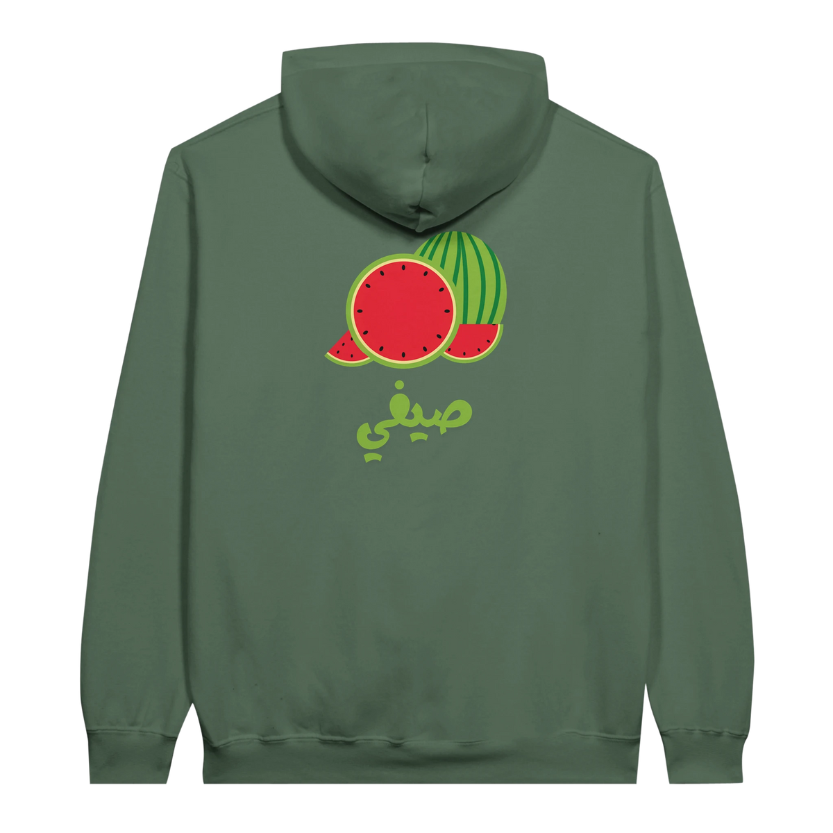 Vibrant Watermelon Summer Arabic Script Hoodie in Military Green, Arabic graphic design by Cairo NYC