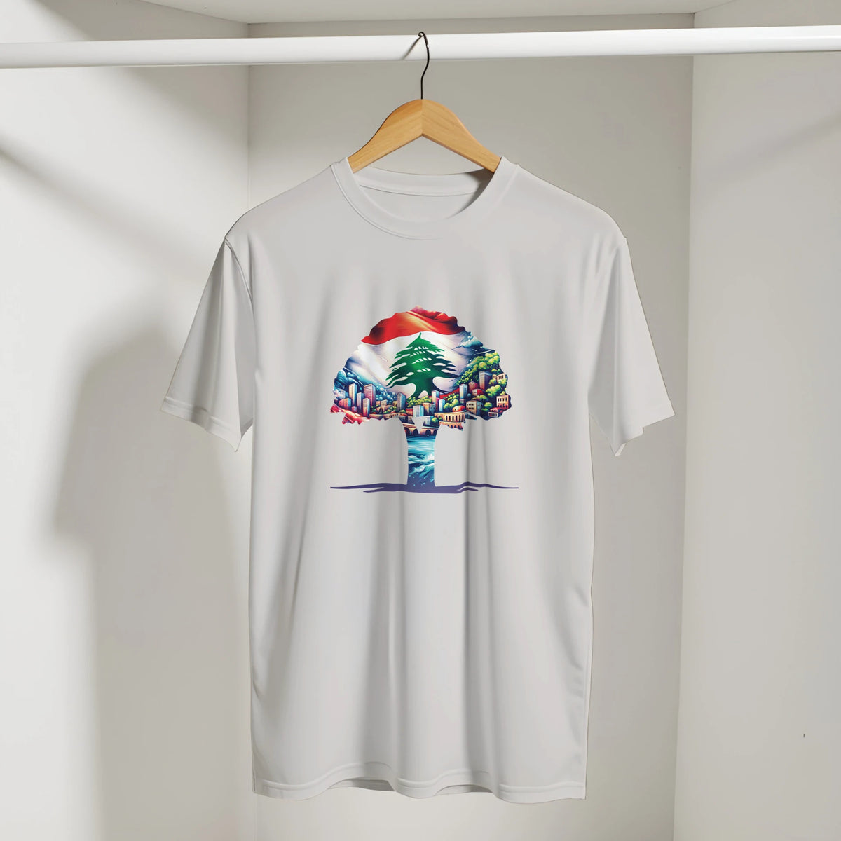 Lebanese Cedar Cityscape Tee in Ice Grey, Arabic graphic design by Cairo NYC