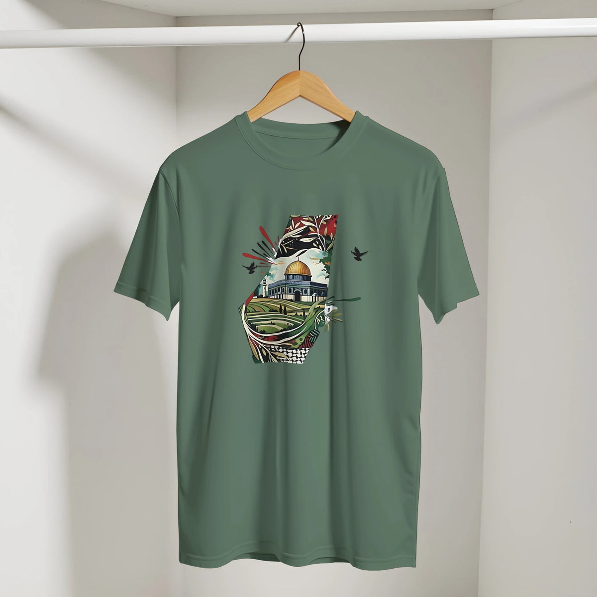 Palestine Dome Olive Branches Keffiyeh Tee, Arabic graphic design by Cairo NYC (view 12)