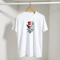 Geometric Bird Sunset Vibes Arabic Tee in White, Arabic graphic design by Cairo NYC