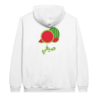 Vibrant Watermelon Summer Arabic Script Hoodie in White, Arabic graphic design by Cairo NYC