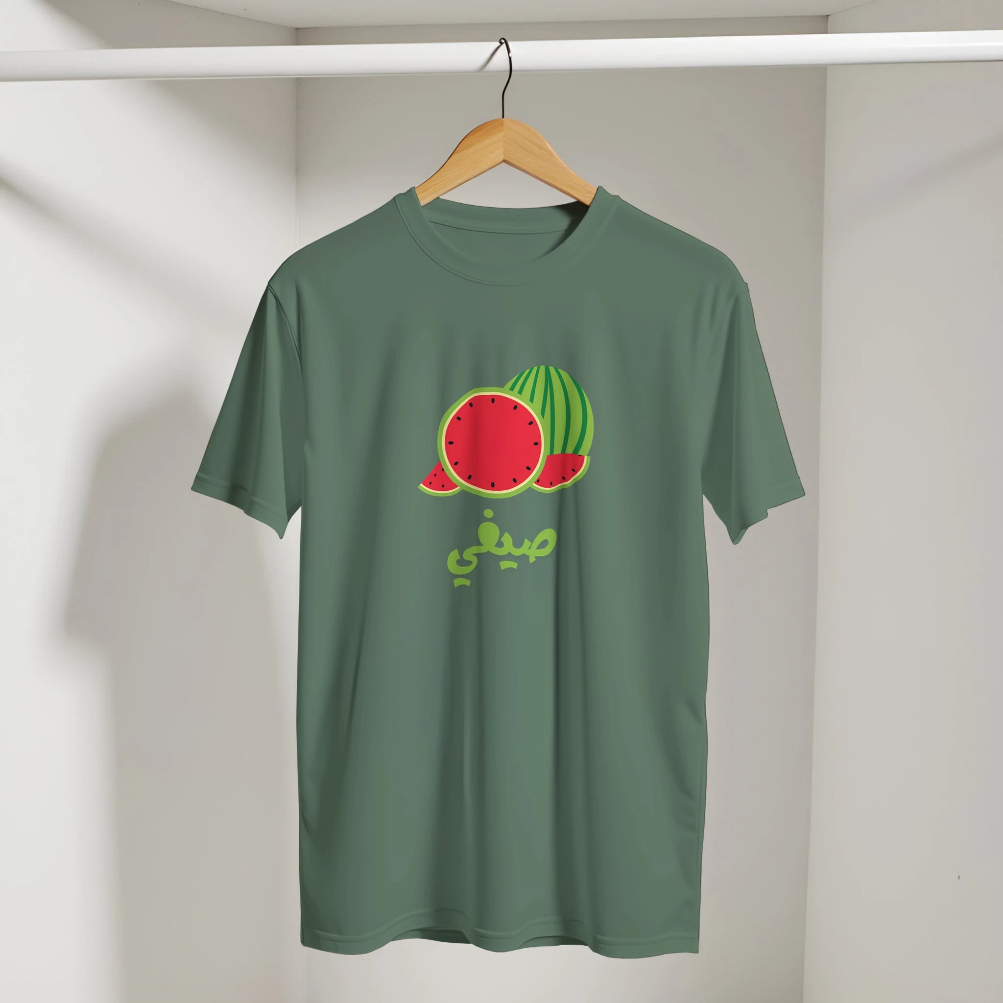 Watermelon Summer Vibes Arabic Tee in Military Green, Arabic graphic design by Cairo NYC