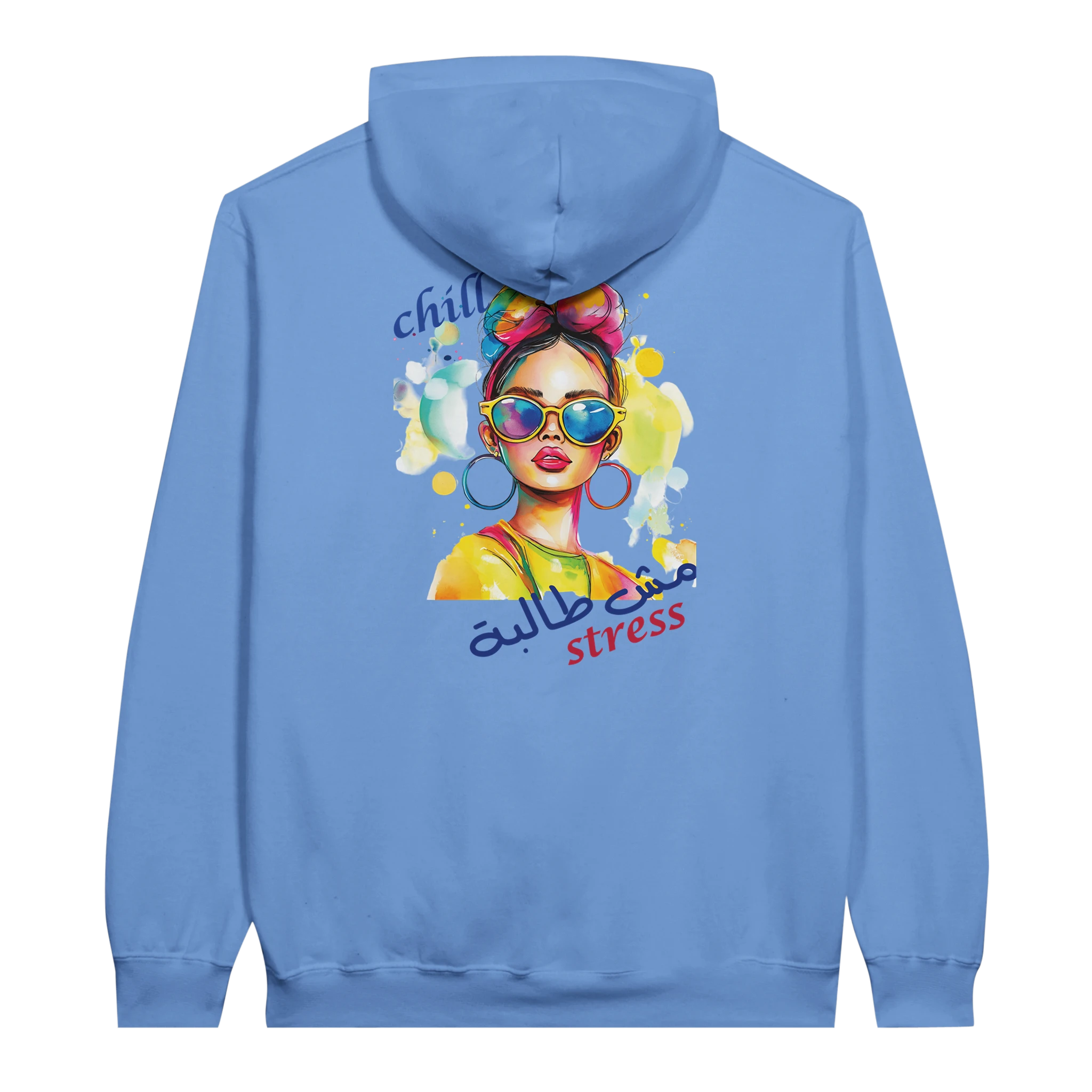 Vibrant 'Chill, No Stress' Pop Art Arabic Hoodie in Carolina Blue, Arabic graphic design by Cairo NYC