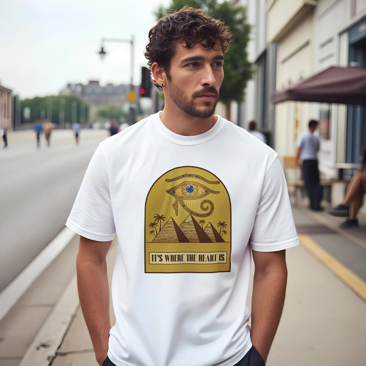 Eye of Horus Egypt Pyramids Sunset Arabic Tee, Arabic graphic design by Cairo NYC (view 17)
