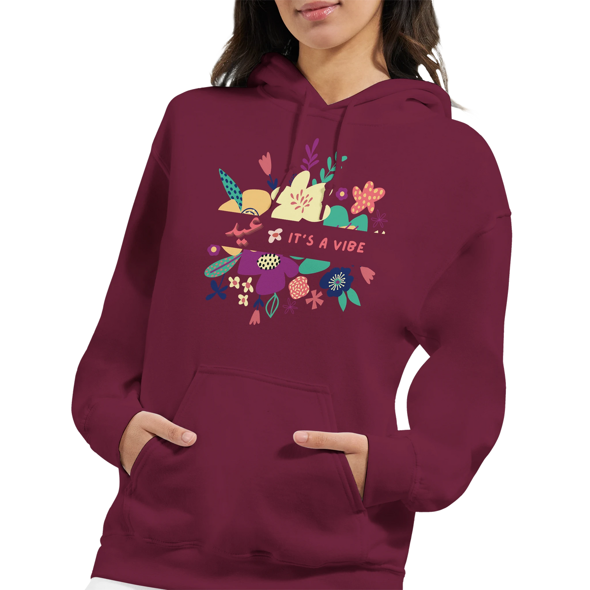It's a Vibe Floral Arabic Hoodie in Maroon, Arabic graphic design by Cairo NYC